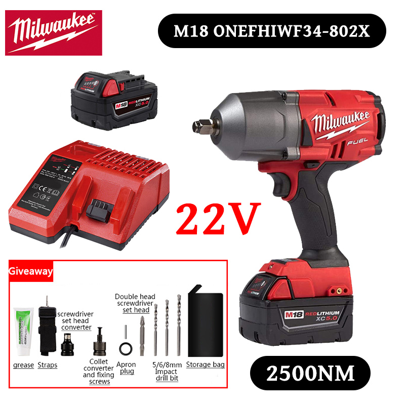 【Milwaukee】22V (2500 N.M krútiaci moment + 5AH batéria) funguje až 12 hodín + 11 príslušenstva