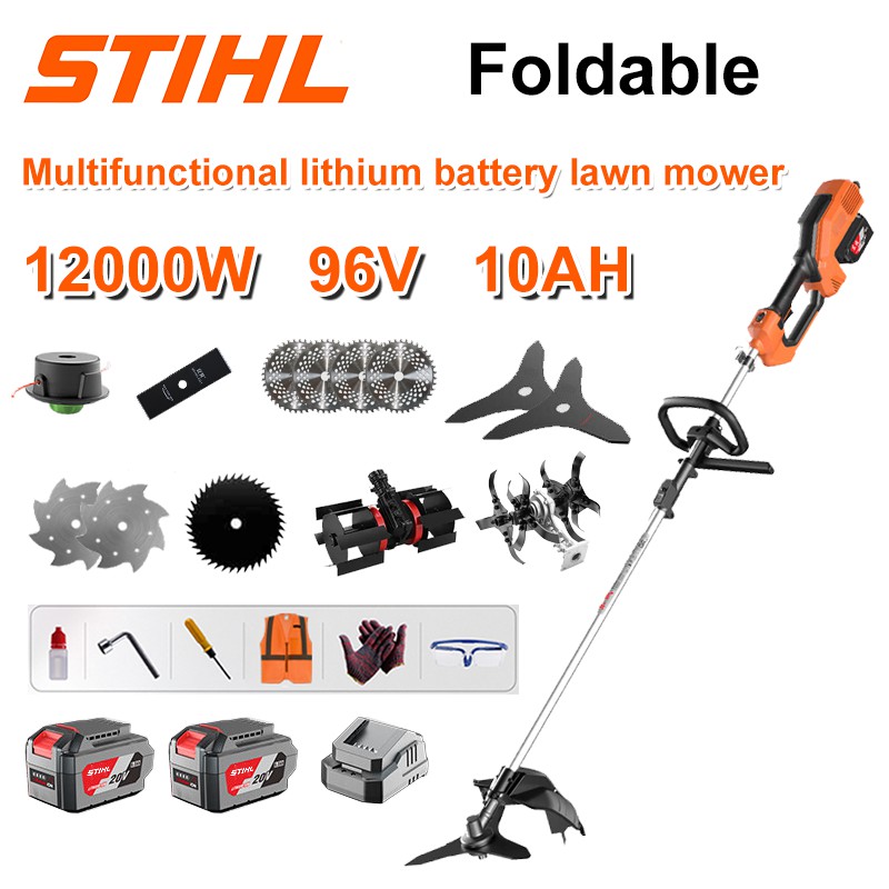 Cortacésped sin escobillas de 12000 W + batería de litio de 96 V/10 AH * 3 + hoja de sierra circular * 4 + hoja de sierra recta + disco de deshierbe + cuerda de deshierbe * 20 + hoja de tres hojas * 2 + hoja de sierra de acero + hoja de sierra de aleación * 2 + cabezal de deshierbe + Cabezal de arado + Cargador rápido doble original + otros accesorios + Garantía de diez años