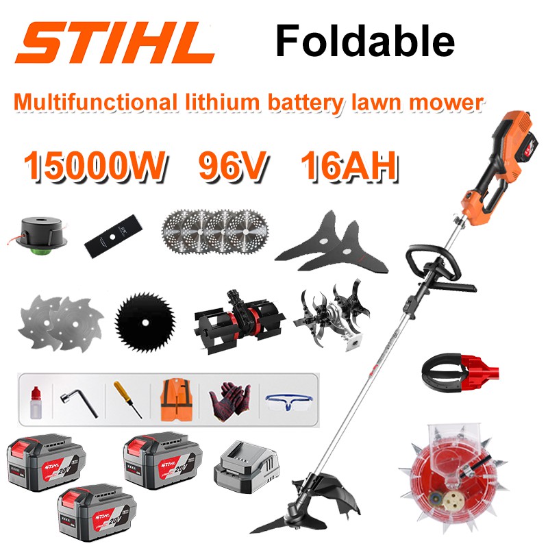 Cortacésped sin escobillas de 15000 W + Batería de litio de 96 V/16 AH * 4 + Hoja de sierra circular * 4 + Hoja de sierra recta + Disco de desmalezado + Cuerda de desmalezado * 20 + Hoja de tres hojas * 2 + Hoja de sierra de acero + Hoja de aleación * 2 + Cabezal de desmalezado + Cabezal de arado + Cargador rápido doble original + cabezal recolector de frutas + cabezal de siembra + otros accesorios + garantía de diez años
