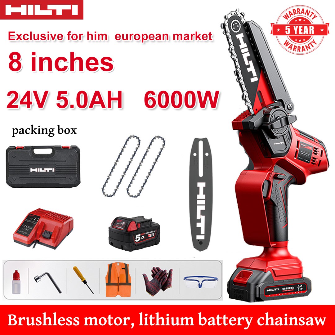 Ferăstrău cu litiu fără perii de 8 inchi, putere de 6000 W, baterie de 24 V 5,0 Ah, încărcător, placă de ghidare*1, lanț*2, cutie de scule, lubrifiant și ochelari de protecție, garanție de cinci ani