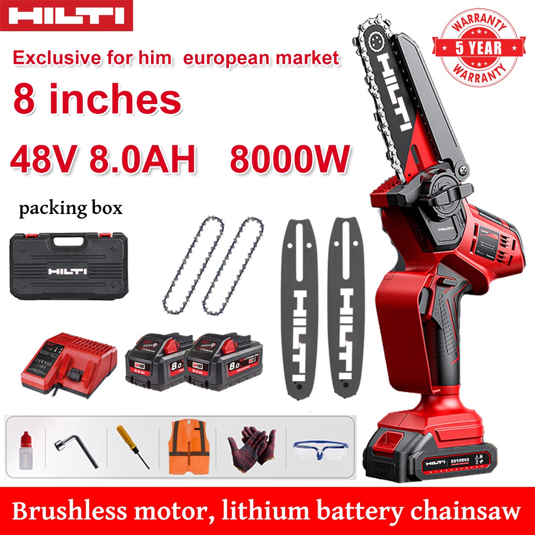 Ferăstrău electric cu litiu fără perii de 8 inchi, putere de 8000 W, baterie de 48 V 8,0 Ah*2, încărcător, placă de ghidare*2, lanț*2, cutie de scule, lubrifiant și ochelari de protecție, garanție de cinci ani