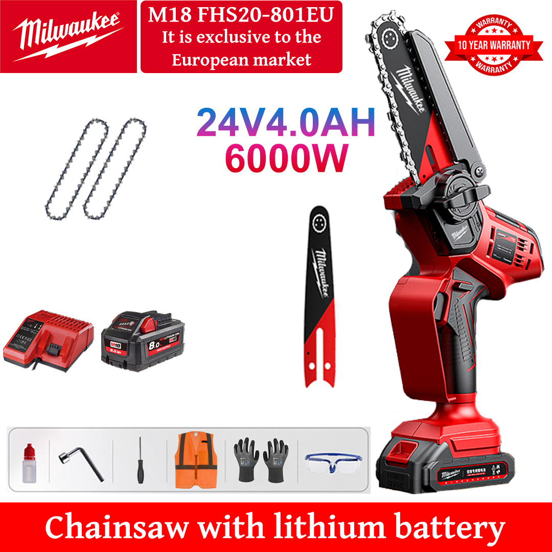 8 Inch Brushless Lithium Electric Saw, Power 6000W, 24V 4.0Ah Battery*2, Charger, Guide Plate*1, Chain*2, Tool Box, Lubricant and Goggles, Five Years Warranty