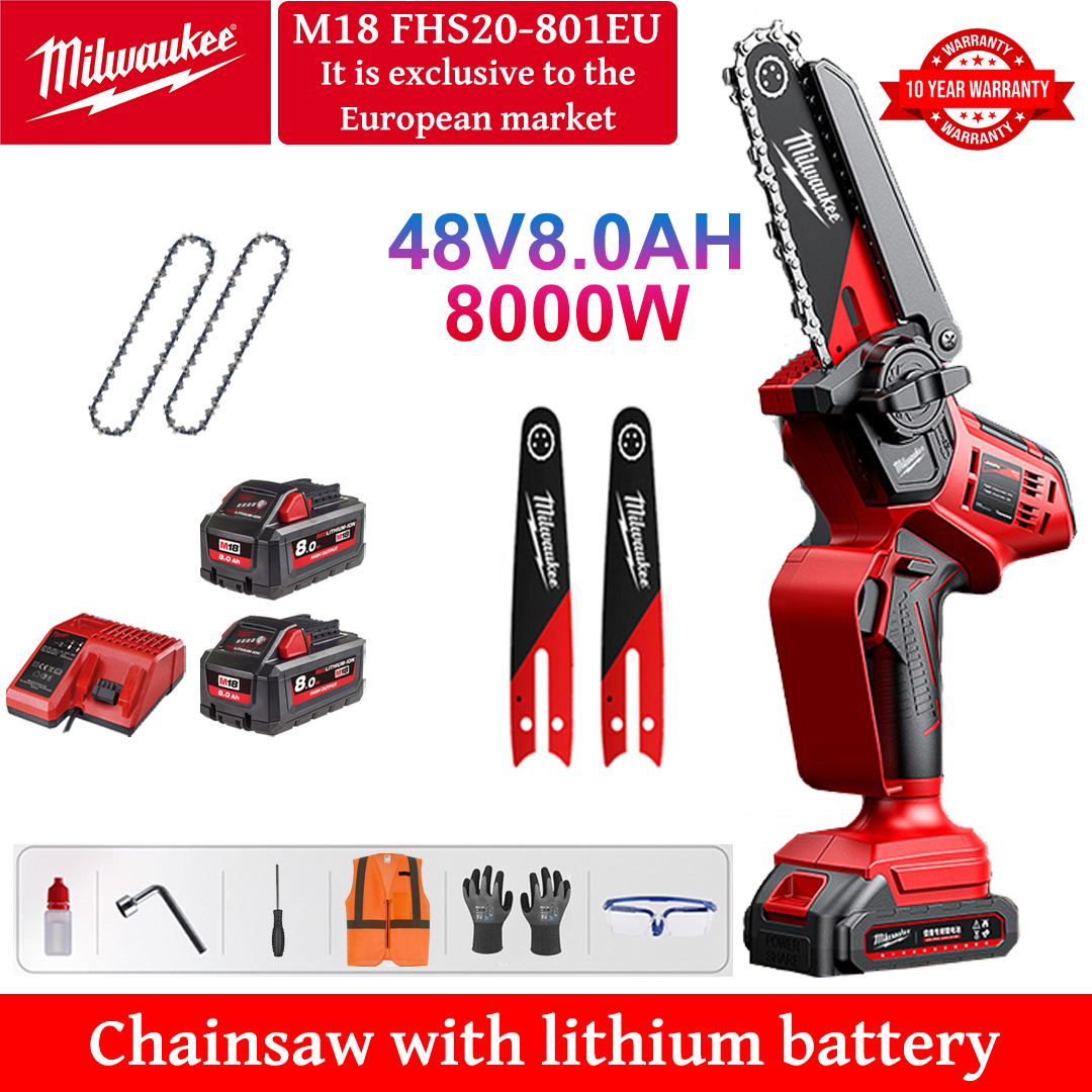 8 Inch Brushless Lithium Electric Saw, 8000W Power, 48V 8.0Ah Battery*2, Charger, Guide Plate*2, Chain*2, Tool Box, Lubricant & Goggles, Warranty five years