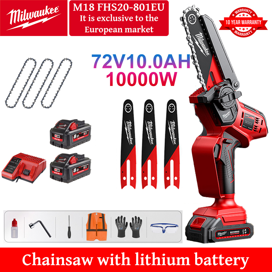 10 Inch Brushless Lithium Electric Saw, Power 10000W, 72V 10Ah Battery*2, Charger, Guide Plate*3, Chain*3, Tool Box, Lubricant and Goggles, Ten Years Warranty