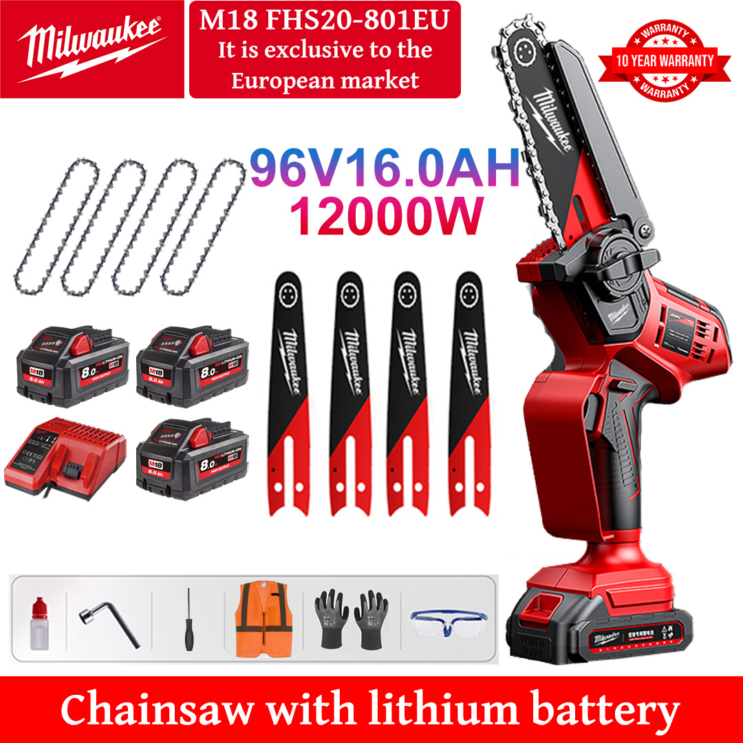 10 Inch Brushless Lithium Electric Saw, 12000W Power, 96V 16Ah Battery*3, Charger, Guide Plate*4, Chain*4, Tool Box, Lubricant and Goggles, Ten Years Warranty