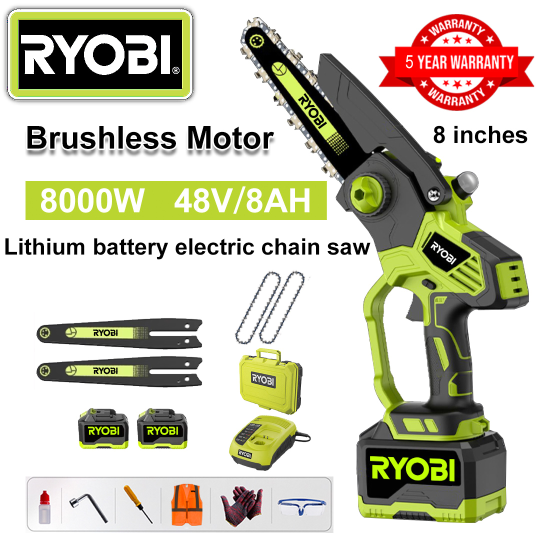 8 Inch Brushless Lithium Electric Saw, 8000W Power, 48V 8.0Ah Battery*2, Charger, Guide Plate*2, Chain*2, Tool Box, Lubricant & Goggles, Warranty five years