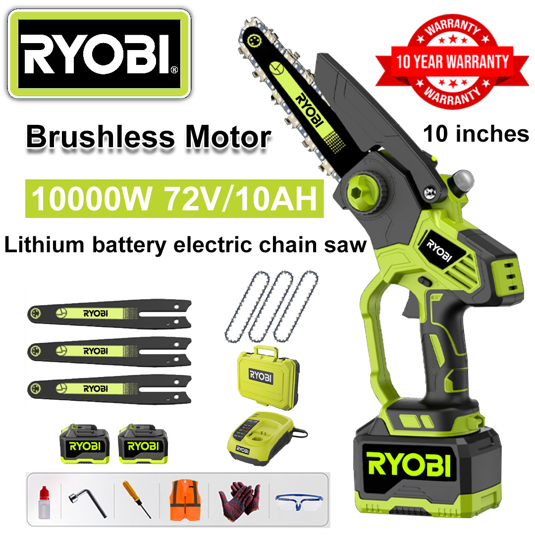 10 Inch Brushless Lithium Electric Saw, Power 10000W, 72V 10Ah Battery*2, Charger, Guide Plate*3, Chain*3, Tool Box, Lubricant and Goggles, Ten Years Warranty