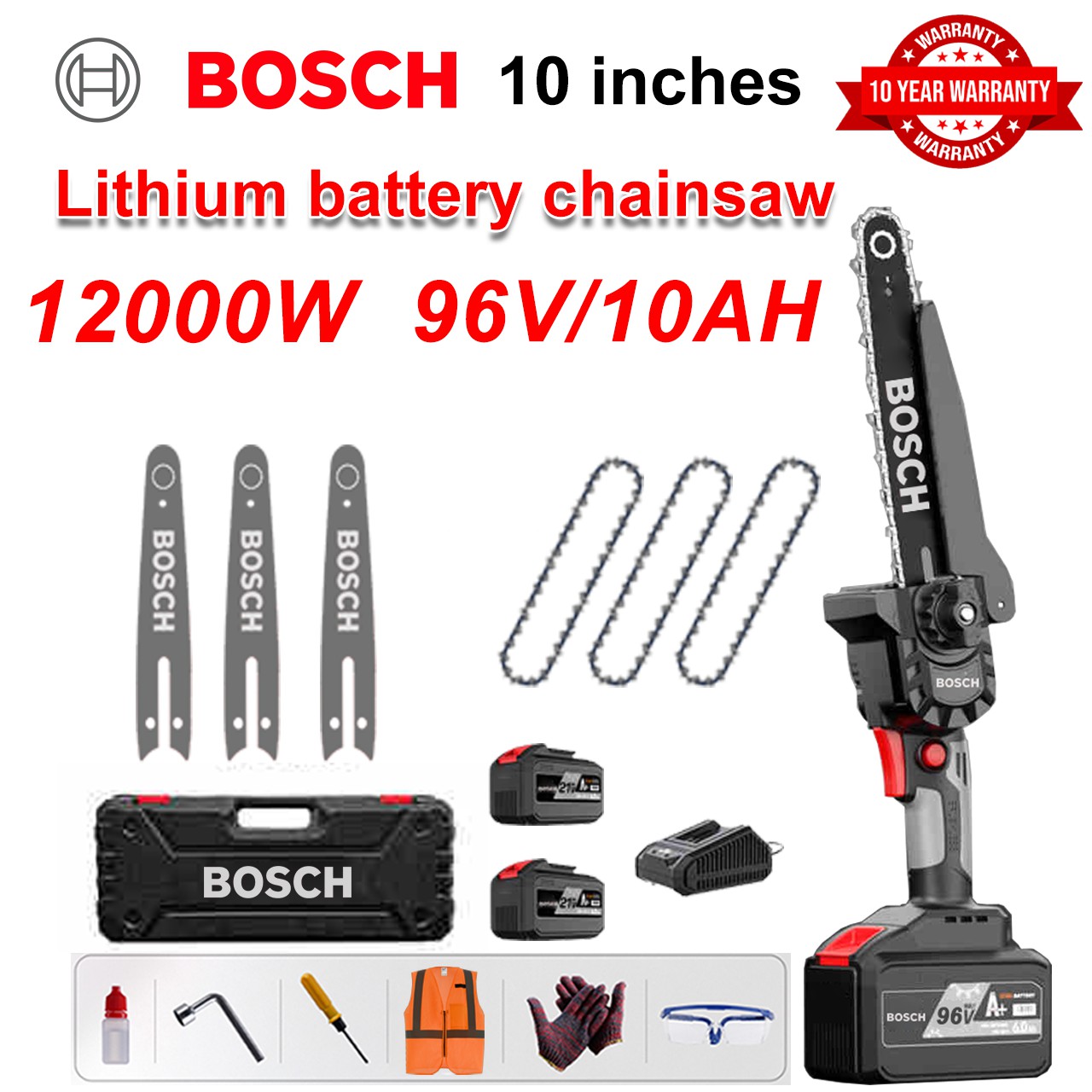 [Extended Version/10 Years Warranty] 10 Inch 12000W Lithium Electric Saw, 96V Battery*2, Charger, Guide Plate*3, Chain*3, Tool Box, Lubricating Oil and Goggles, Powerful Motor, Effective Stone Cutting