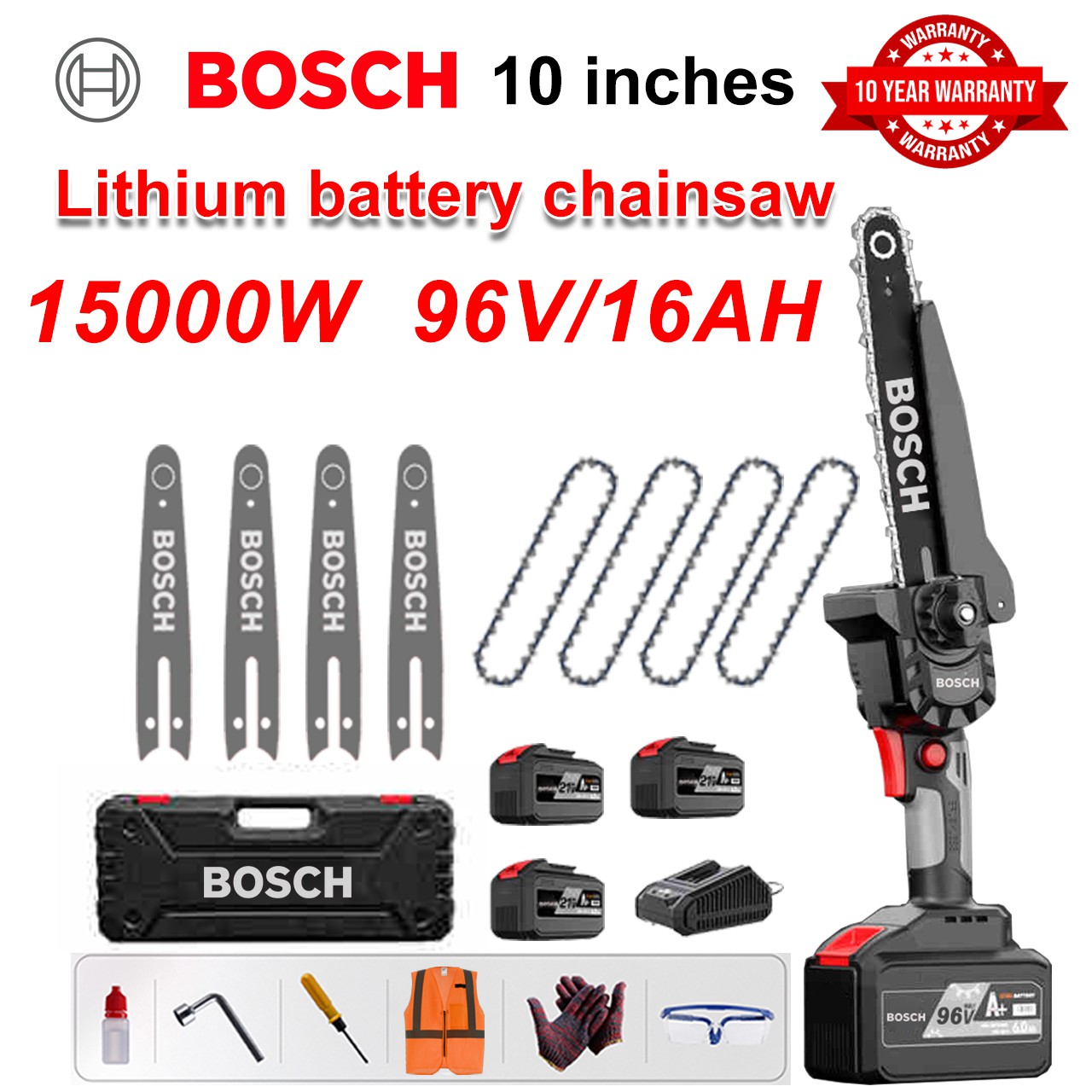 [Extended Model/10 Years Warranty] 10 Inch 15000W Lithium Electric Saw, 96V Battery*3, Charger, Guide Plate*4, Chain*4, Tool Box, Grease and Goggles, Powerful Stone Cutting Motor