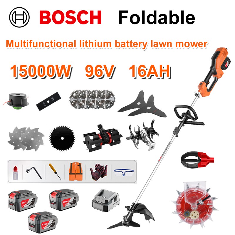 Mașină de tuns iarba fără perii 15000W + baterie cu litiu 96V/16AH * 3 + lamă de ferăstrău circular * 4 + lamă de ferăstrău drept + disc de plivire + funie de plivire * 20 + lamă cu trei lame * 2 + lamă de ferăstrău din oțel + lamă de aliaj * 2 + cap de plivire + Cap plug + încărcător rapid dublu original + cap de cules fructe + cap de semănat + alte accesorii + garanție de zece ani