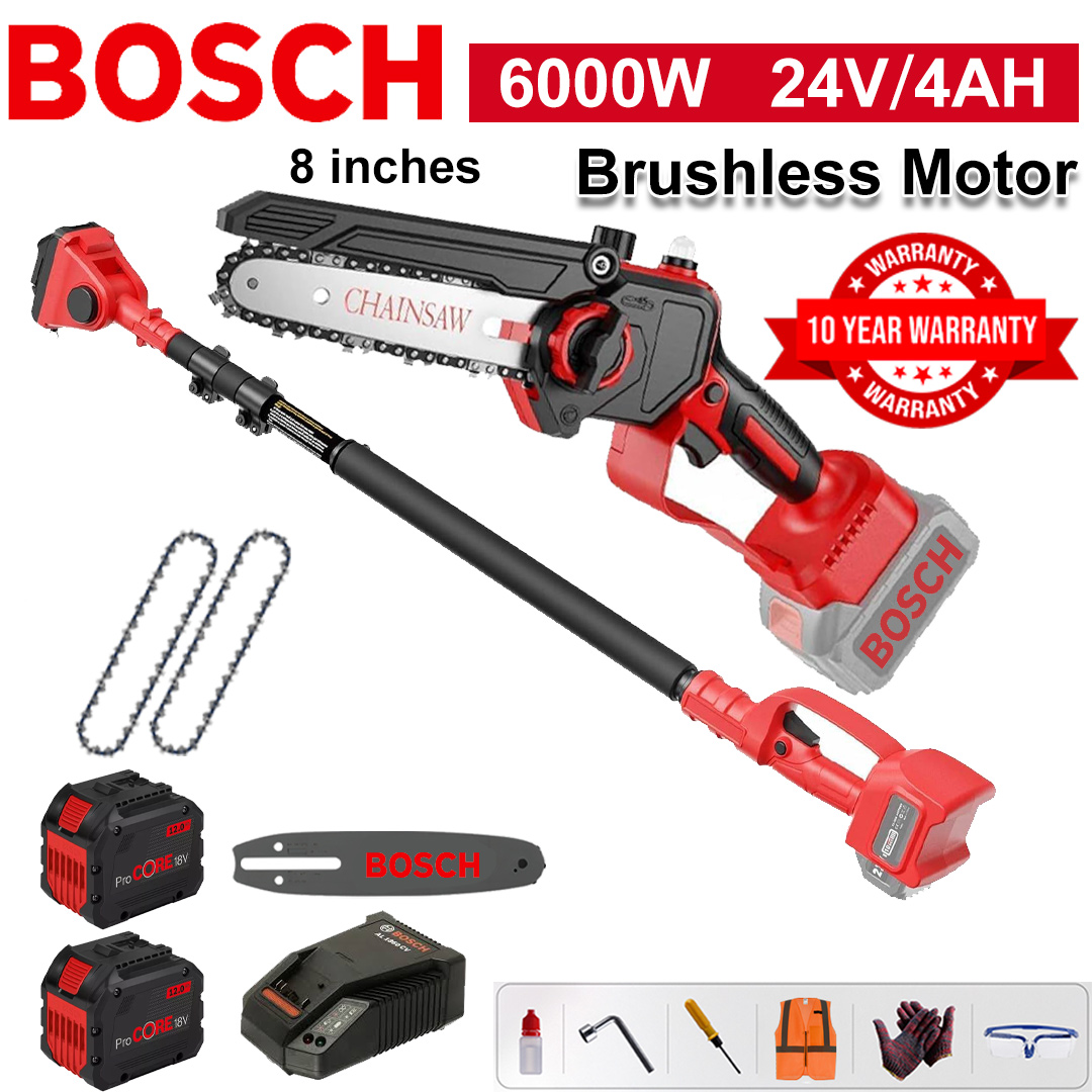 8 Inch Brushless Lithium Electric Saw, Power 6000W, 24V 4.0Ah Battery*2, Charger, Guide Plate*1, Chain*2, Tool Box, Lubricant and Goggles, Five Years Warranty(Equipped with Telescopic Pole )