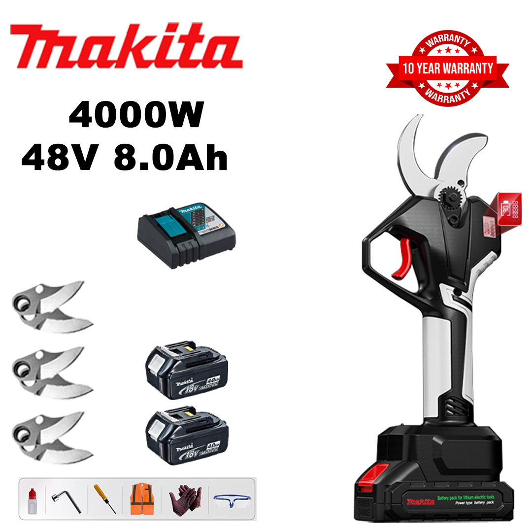 4000W brushless lithium battery pruning shears + 48V8Ah battery * 2 + sk9 alloy blade * 3 + charger + LED power display + tool box + lubricating oil + goggles + 10-year warranty