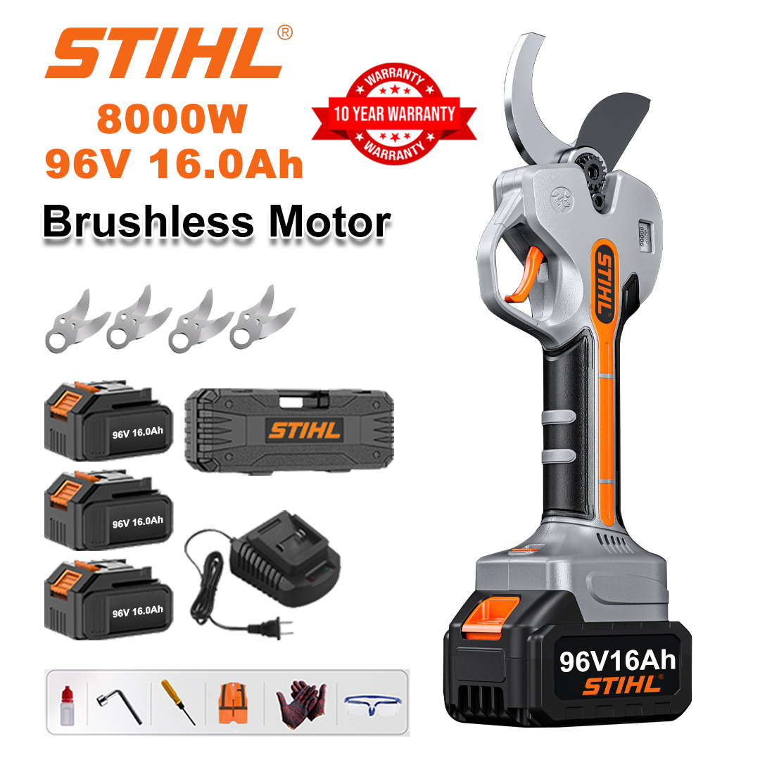 8000W brushless lithium battery pruning shears + 96V16Ah battery * 3 + sk9 alloy blade * 4 + charger + LED power display + tool box + lubricating oil + goggles + 10-year warranty