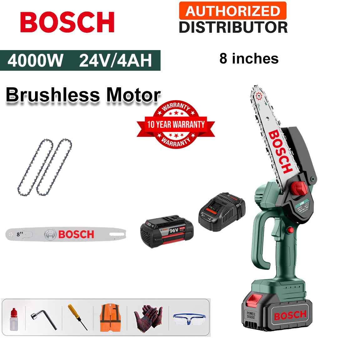 8 Inch Brushless Lithium Electric Saw, Power 4000W, 24V 4.0Ah Battery*1, Charger, Guide Plate*1, Chain*2, Tool Box, Lubricant and Goggles, Five Years Warranty