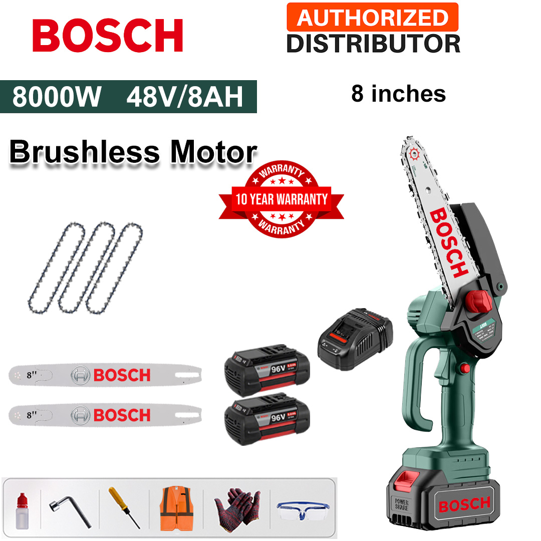 8 Inch Brushless Lithium Electric Saw, 8000W Power, 48V 8.0Ah Battery*2, Charger, Guide Plate*2, Chain*3, Tool Box, Lubricant & Goggles, Warranty five years