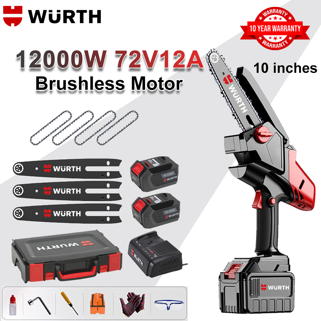 10 Inch Brushless Lithium Electric Saw, Power 12000W, 72V 12Ah Battery*2, Charger, Guide Plate*3, Chain*4, Tool Box, Lubricant and Goggles, Ten Years Warranty