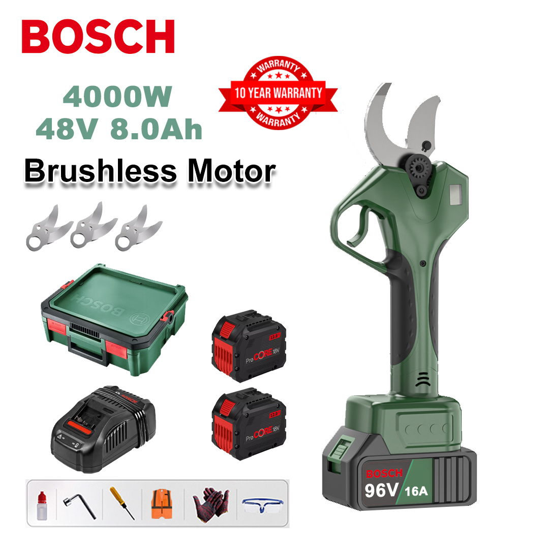 4000W brushless lithium battery pruning shears + 48V8Ah battery * 2 + sk9 alloy blade * 3 + charger + LED power display + tool box + lubricating oil + goggles + 10-year warranty