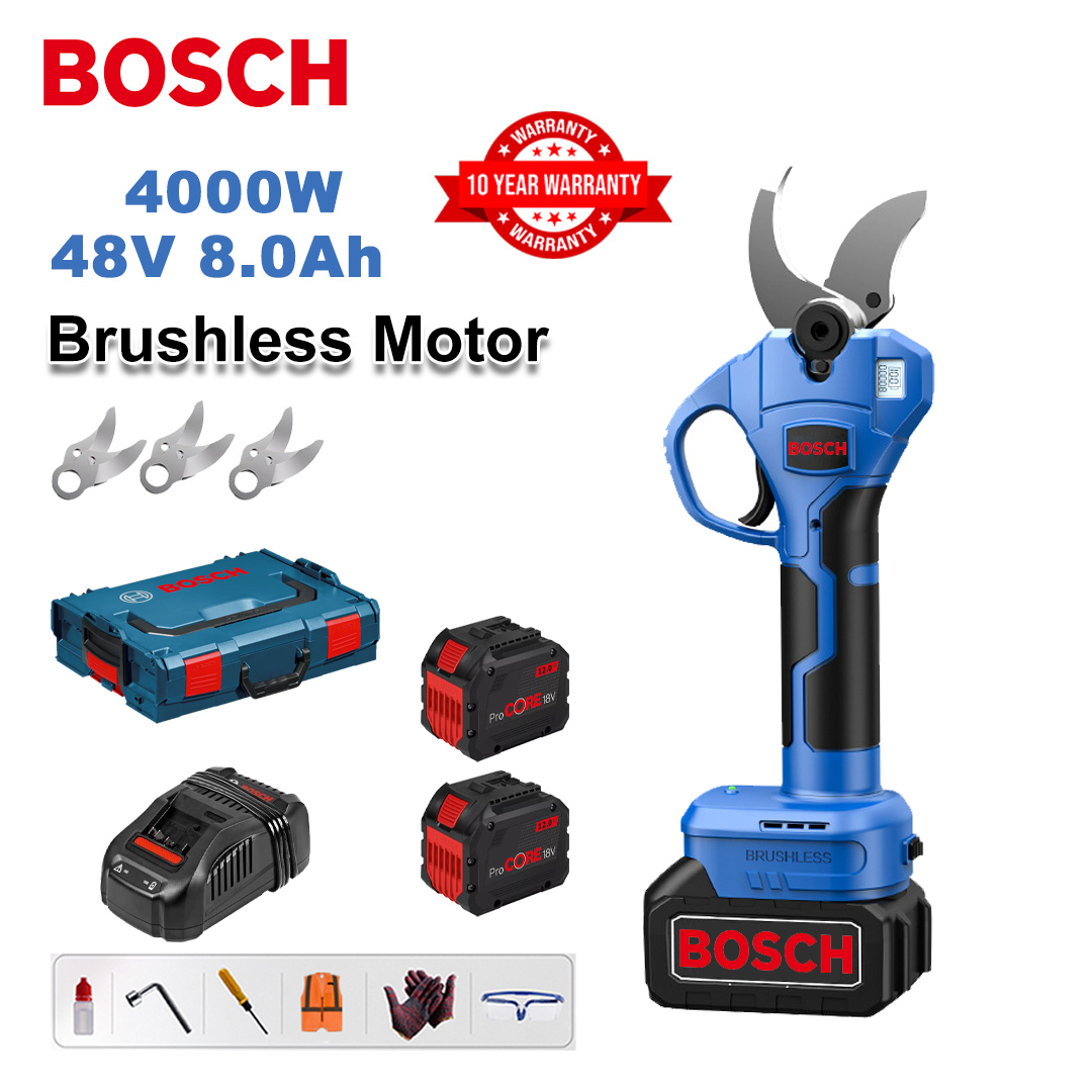 4000W brushless lithium battery pruning shears + 48V8Ah battery * 2 + sk9 alloy blade * 3 + charger + LED power display + tool box + lubricating oil + goggles + 10-year warranty