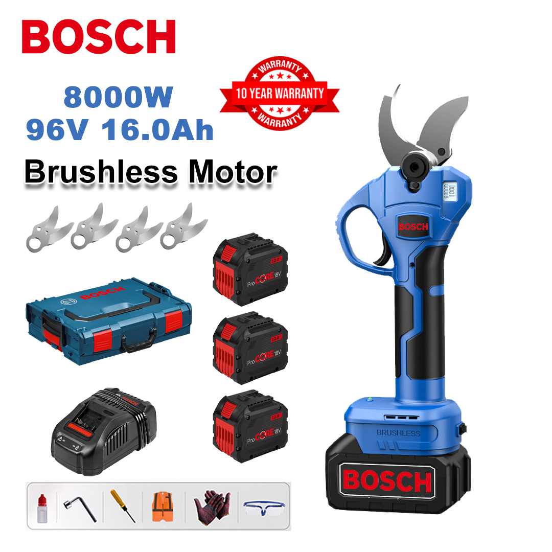 8000W brushless lithium battery pruning shears + 96V16Ah battery * 3 + sk9 alloy blade * 4 + charger + LED power display + tool box + lubricating oil + goggles + 10-year warranty