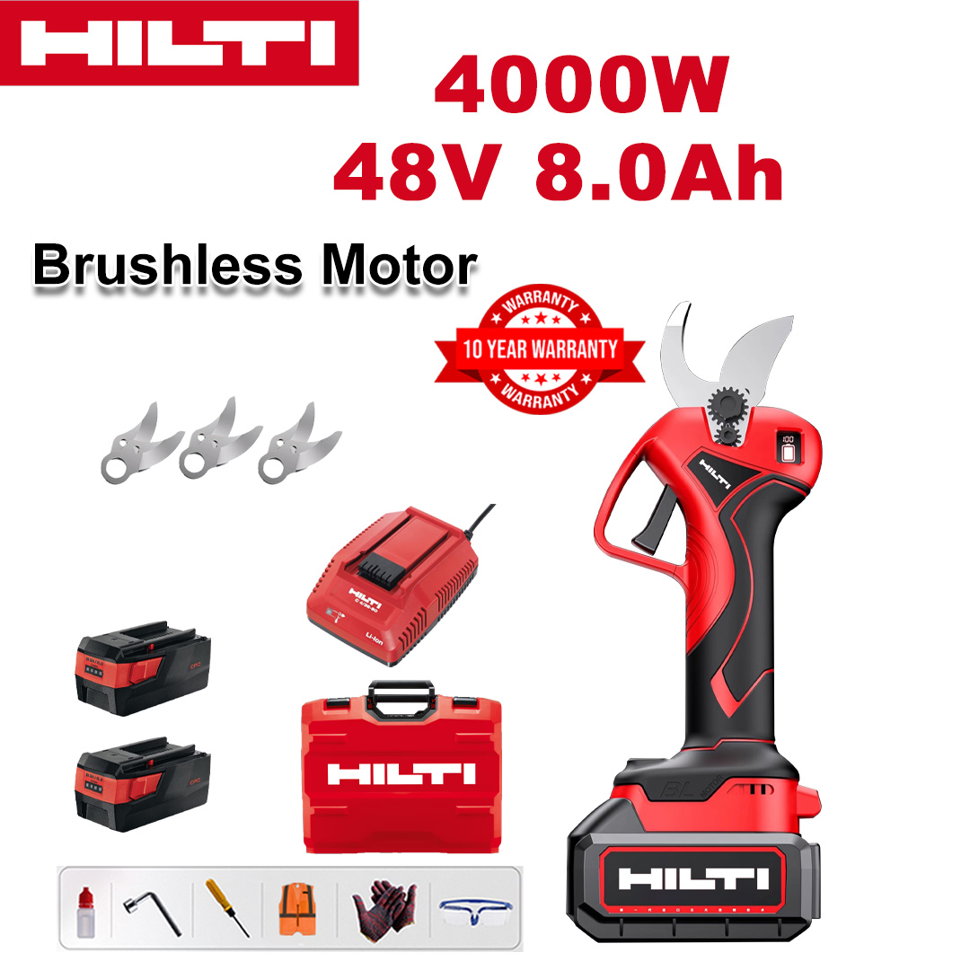 4000W brushless lithium battery pruning shears + 48V8Ah battery * 2 + sk9 alloy blade * 3 + charger + LED power display + tool box + lubricating oil + goggles + 10-year warranty