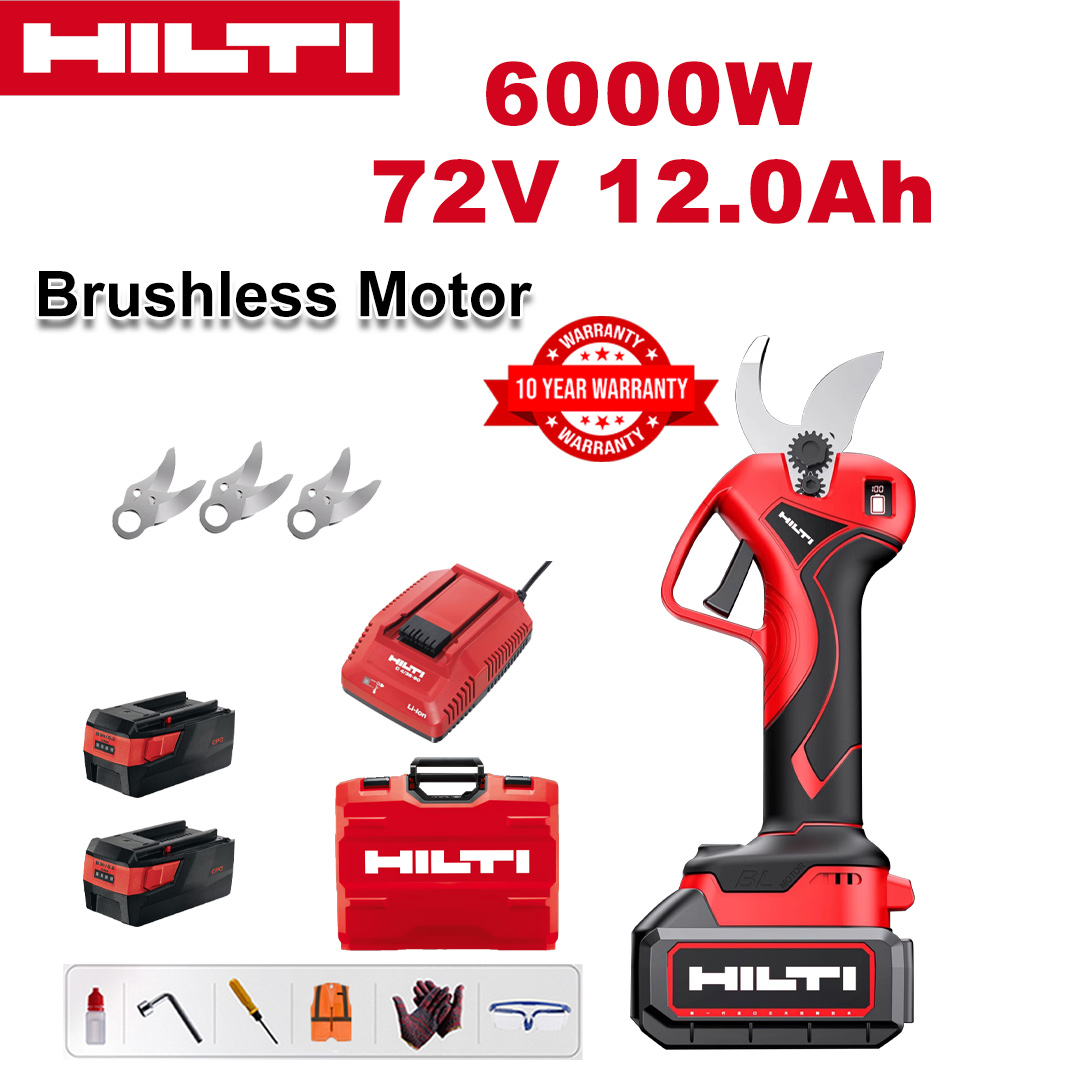 6000W brushless lithium battery pruning shears + 78V12Ah battery*2+sk9 alloy blade*3+charger+LED power display+tool box+lubricating oil+goggles+10-year warranty