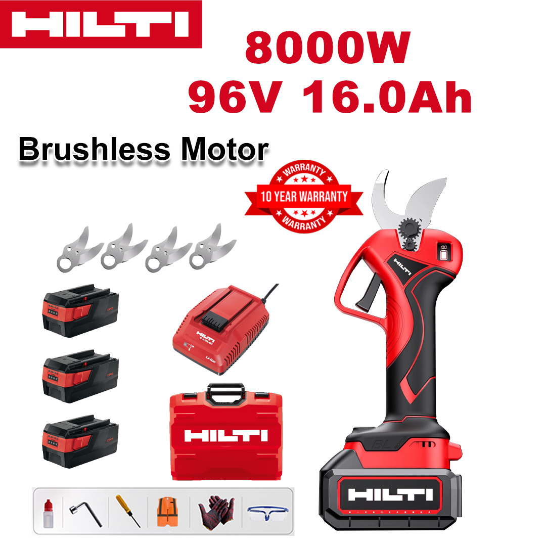 8000W brushless lithium battery pruning shears + 96V16Ah battery * 3 + sk9 alloy blade * 4 + charger + LED power display + tool box + lubricating oil + goggles + 10-year warranty