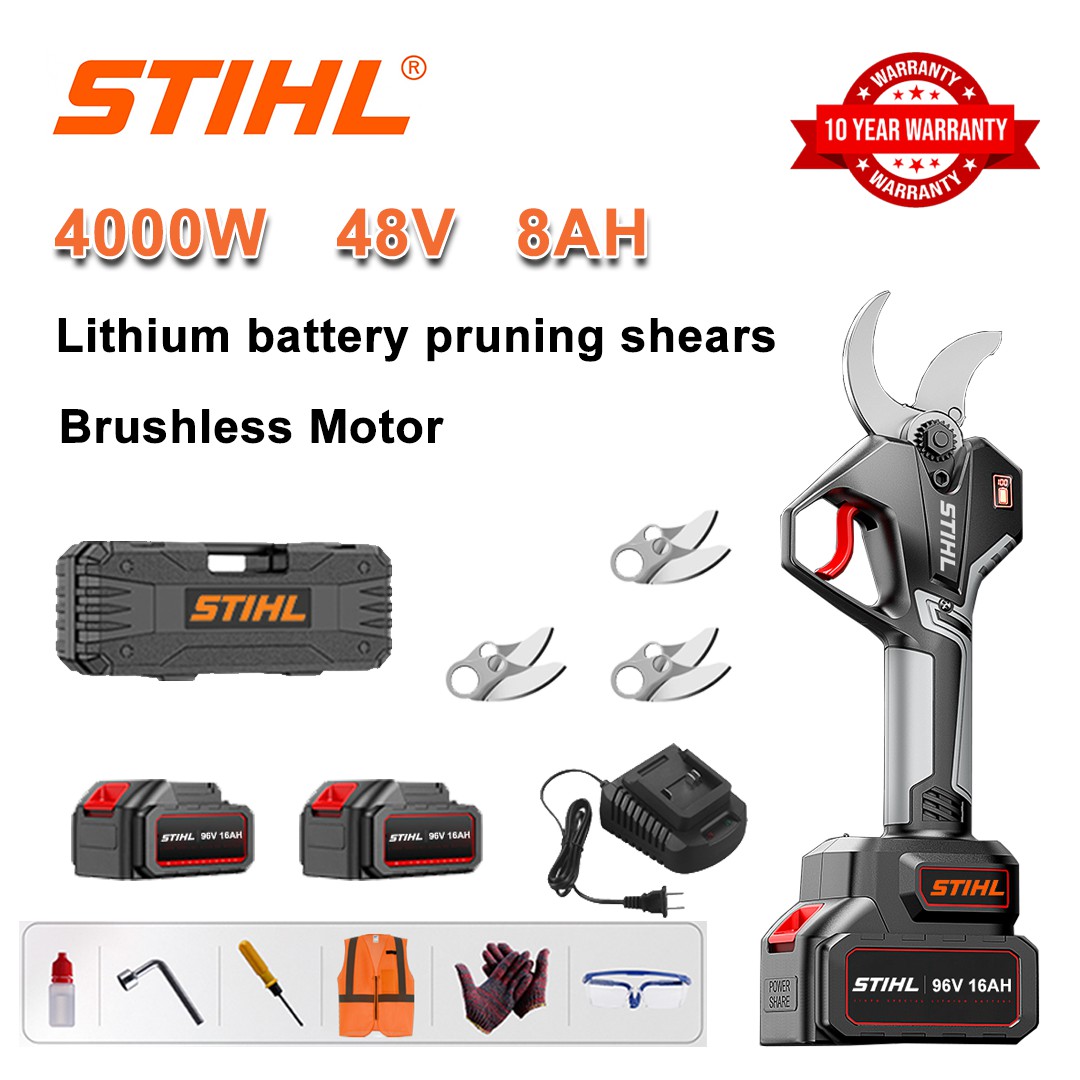 4000W brushless lithium battery pruning shears + 48V8Ah battery * 2 + sk9 alloy blade * 3 + charger + LED power display + tool box + lubricating oil + goggles + 10-year warranty