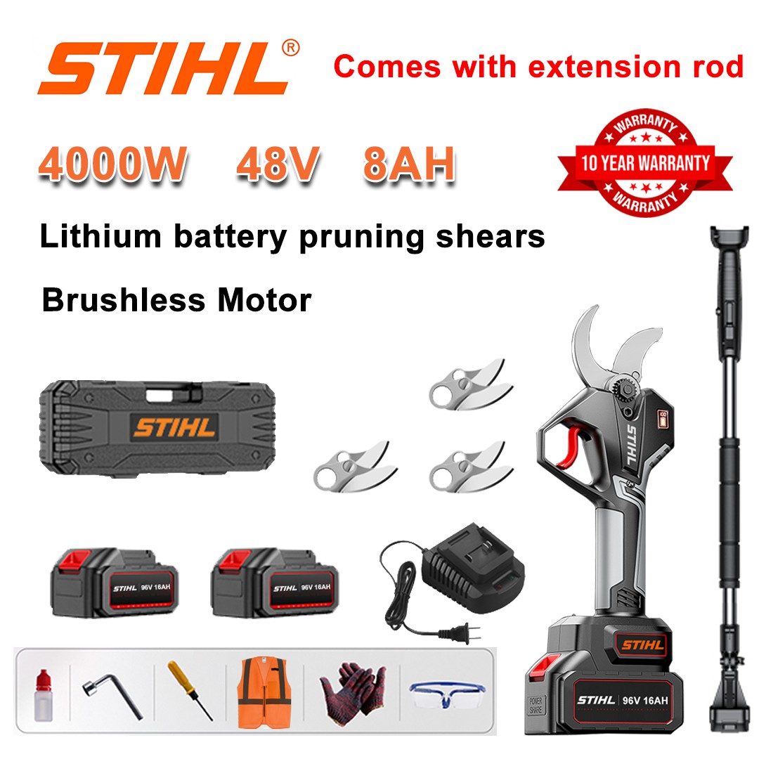 4000W brushless lithium battery pruning shears + 48V8Ah battery * 1 + sk9 alloy blade * 2 + charger + LED power display + tool box + lubricating oil + goggles + 10-year warranty