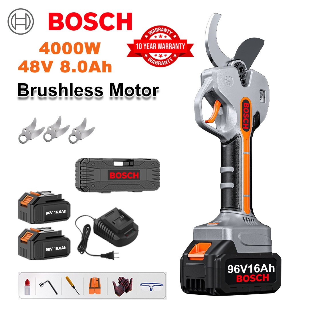 4000W brushless lithium battery pruning shears + 48V8Ah battery * 2 + sk9 alloy blade * 3 + charger + LED power display + tool box + lubricating oil + goggles + 10-year warranty