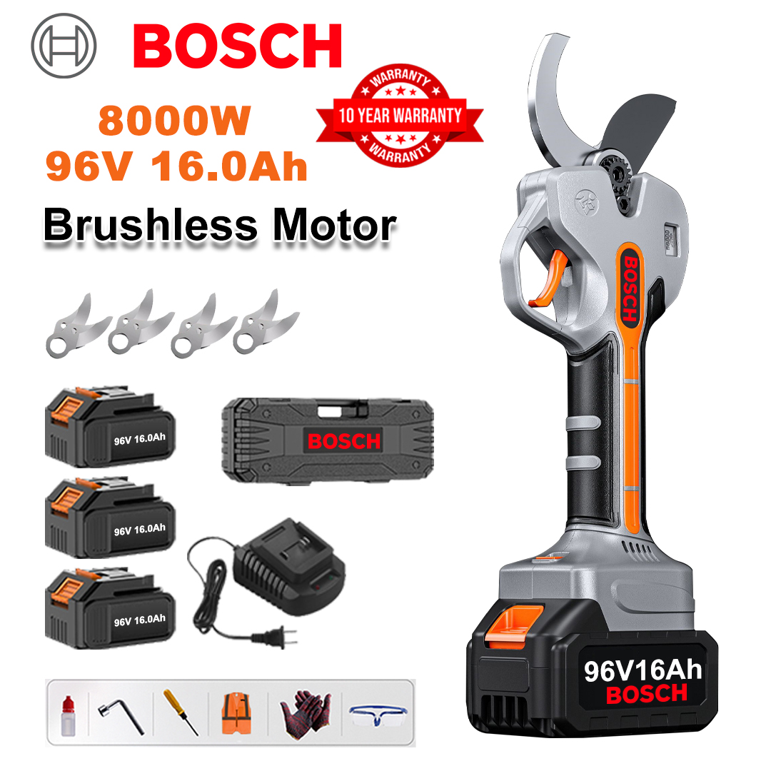 8000W brushless lithium battery pruning shears + 96V16Ah battery * 3 + sk9 alloy blade * 4 + charger + LED power display + tool box + lubricating oil + goggles + 10-year warranty