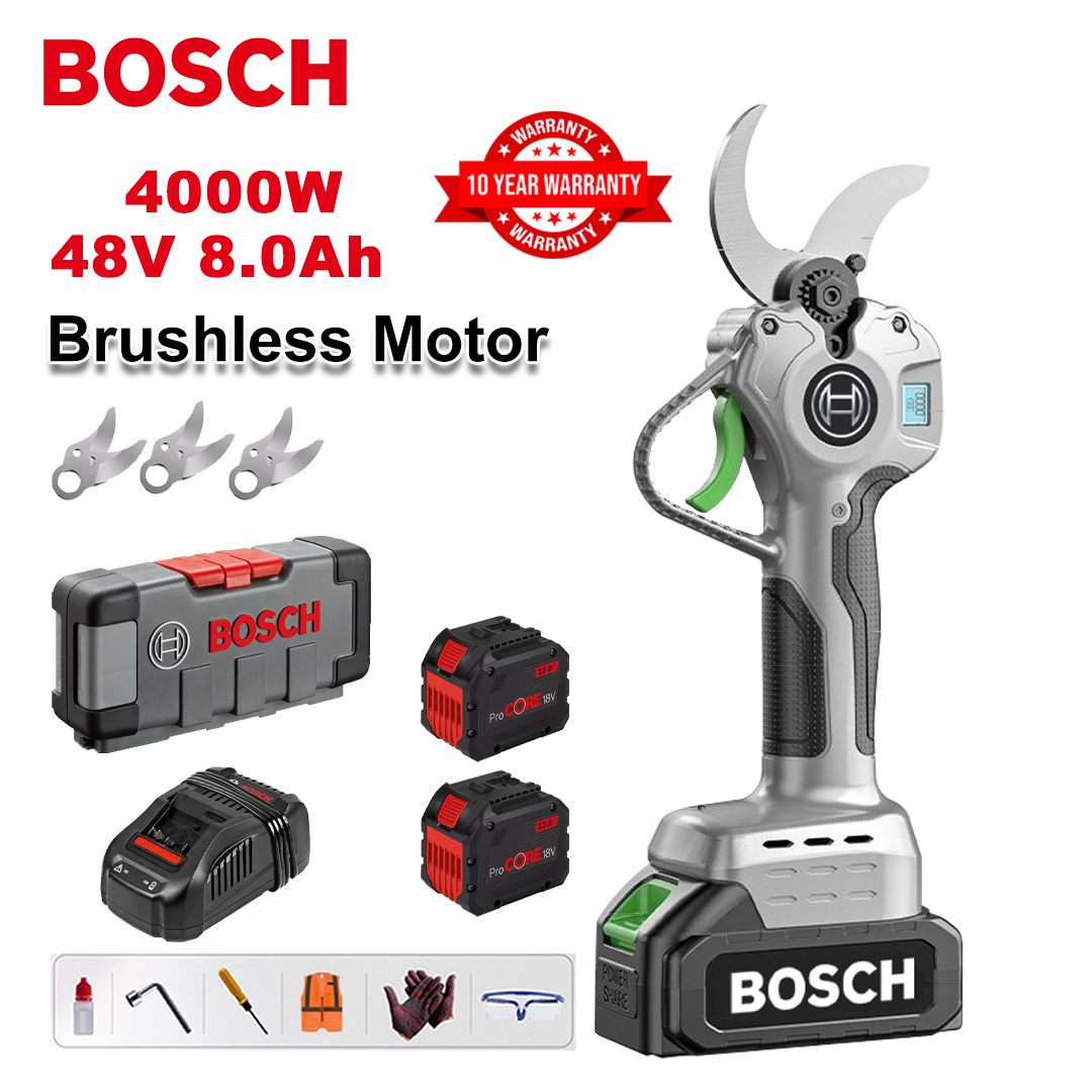 4000W brushless lithium battery pruning shears + 48V8Ah battery * 2 + sk9 alloy blade * 3 + charger + LED power display + tool box + lubricating oil + goggles + 10-year warranty