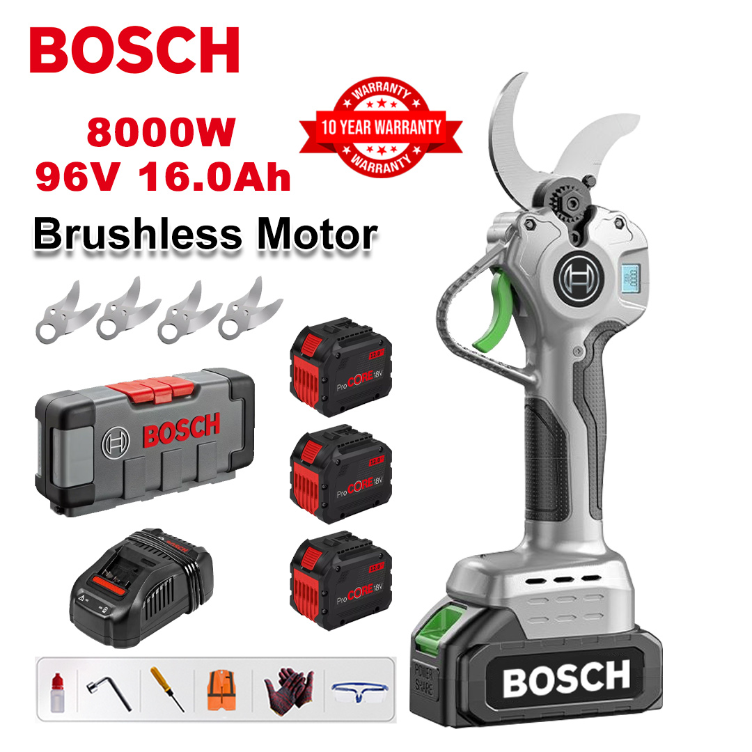 8000W brushless lithium battery pruning shears + 96V16Ah battery * 3 + sk9 alloy blade * 4 + charger + LED power display + tool box + lubricating oil + goggles + 10-year warranty