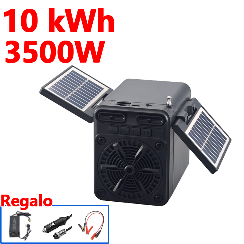 Energía móvil de 10kwh/3500W + función de altavoz Bluetooth + función de radio + panel solar + cable de encendido del automóvil + cargador de dispositivo + cable de carga del encendedor de cigarrillos
