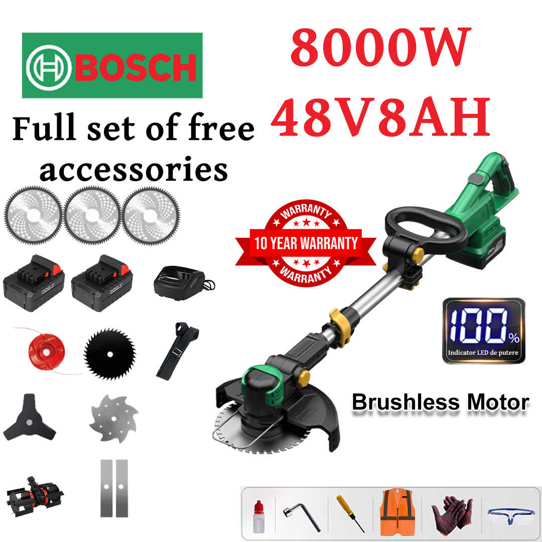 [Upgraded Model] Lawn Mower (8000w48V8AH) + Tillage Head*1 + Alloy Blade*2 + Alloy Saw Blade*2 + Alloy Cutter Head*1 + Triple Blade*1 + Anti-block Blade*1 + Charger+Battery*2+Belt*1+Other Accessories
