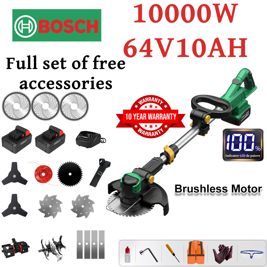[Deluxe Model] Lawn Mower (10000w64V10AH) + Tillage Head*1 + Adjustment Wheel*1 + Alloy Blade*4 + Alloy Saw Blade*4 + Alloy Cutter Head*1 + Triple Blade*2 + Anti-block Blade*1 + Steel Knife*2 + Charger+Battery*2+Handle*1+Other Accessories
