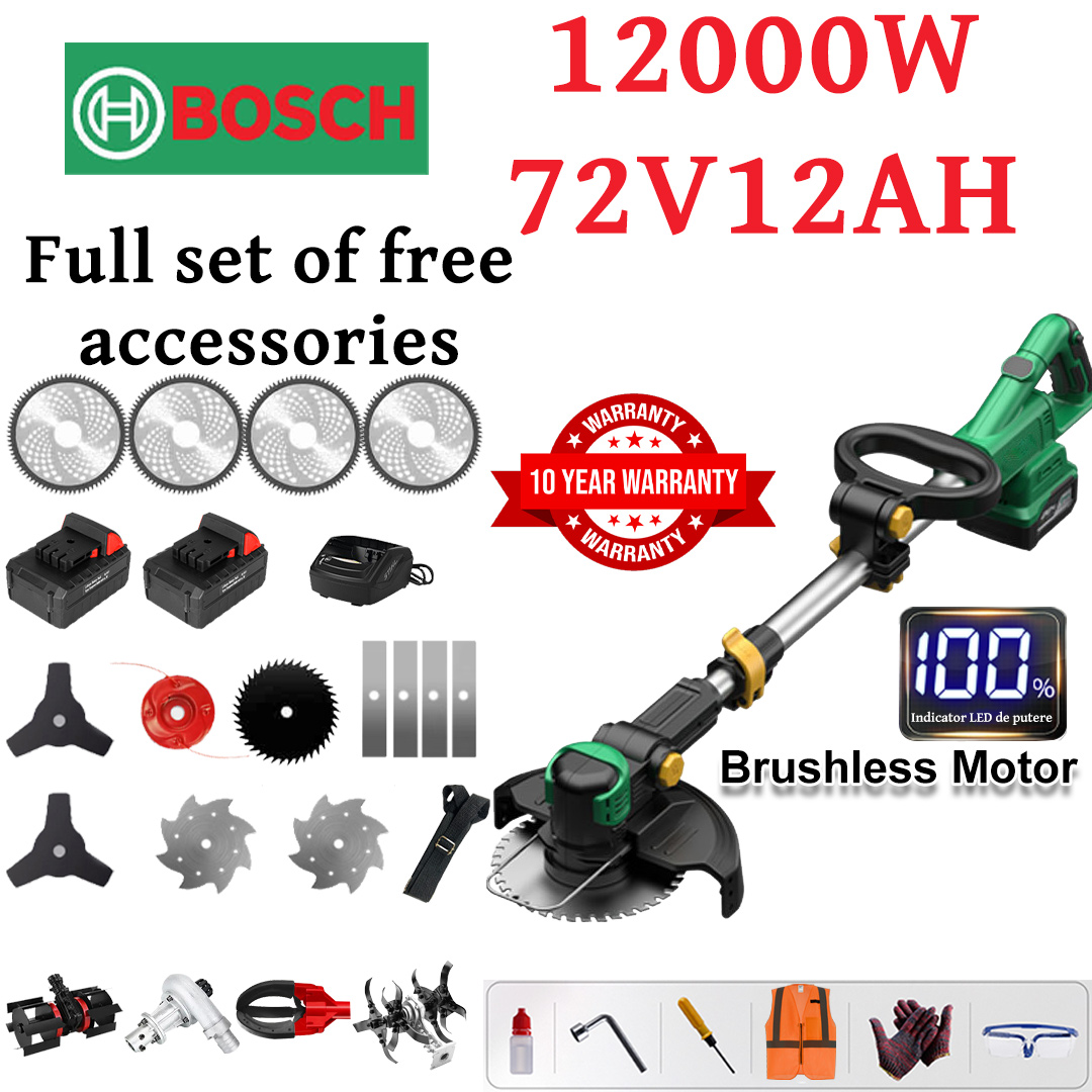 [Upgraded Luxury Model/Highly Recommended] Lawn Mower (12000w96V12AH) + Power Display + Tillage Head *1 + Trenching Wheel *1 + Alloy Blade *4 + Alloy Saw Blade *4 + Alloy Cutting Head *1 + Three-Blade Knife *2 + Anti-Interference Blade *1 + Steel Knife *2 + Snow Plow *1 + Charger + Battery *2 + Belt *1 + Fruit Picker *1 + Other Accessories