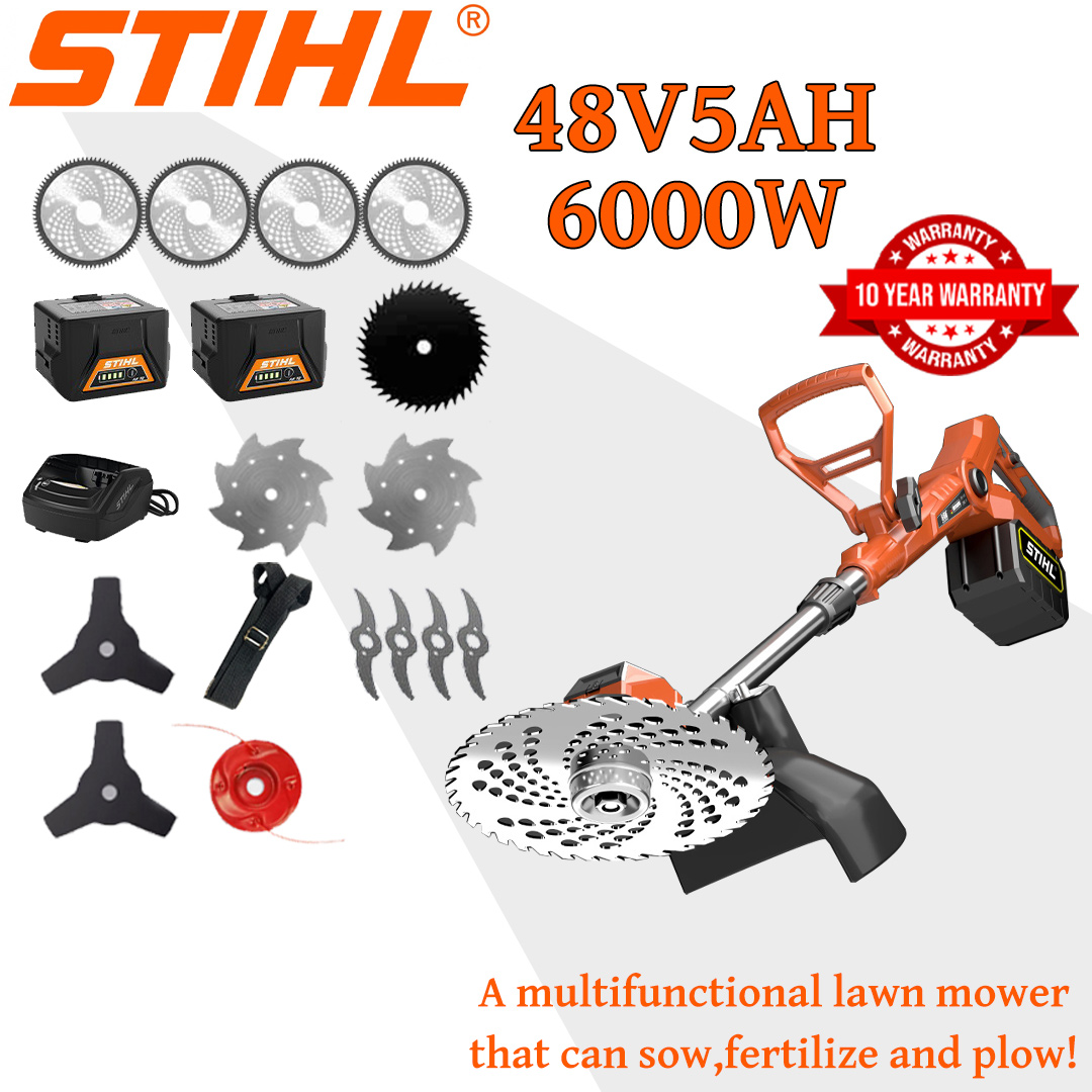 [Updated model] Lawn mower (6000w48V5AH) + cultivator *1 + alloy blade *2 + alloy saw blade *2 + alloy cutting head *1 + triple knife *1 + anti-blocking knife *1 + charger + battery *1 + belt *1 + Other accessories + 5 years warranty