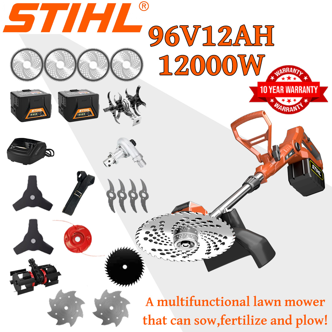 [Upgraded Deluxe Model/Highly Recommended] Lawn Mower (12000w96V12AH) + Electric Screen + Tilting Head *1 + Trench Wheel *1 + Alloy Blade *4 + Alloy Saw Blade *4 + Alloy Saw Head Cutter *1 + Blade with Three Knives *2 + Anti-interference Blade *1 + Steel Knife *2 + Snow Plow *1 + Charger + Battery *2 + Belt *1 + Other Accessories + 10 Years Warranty