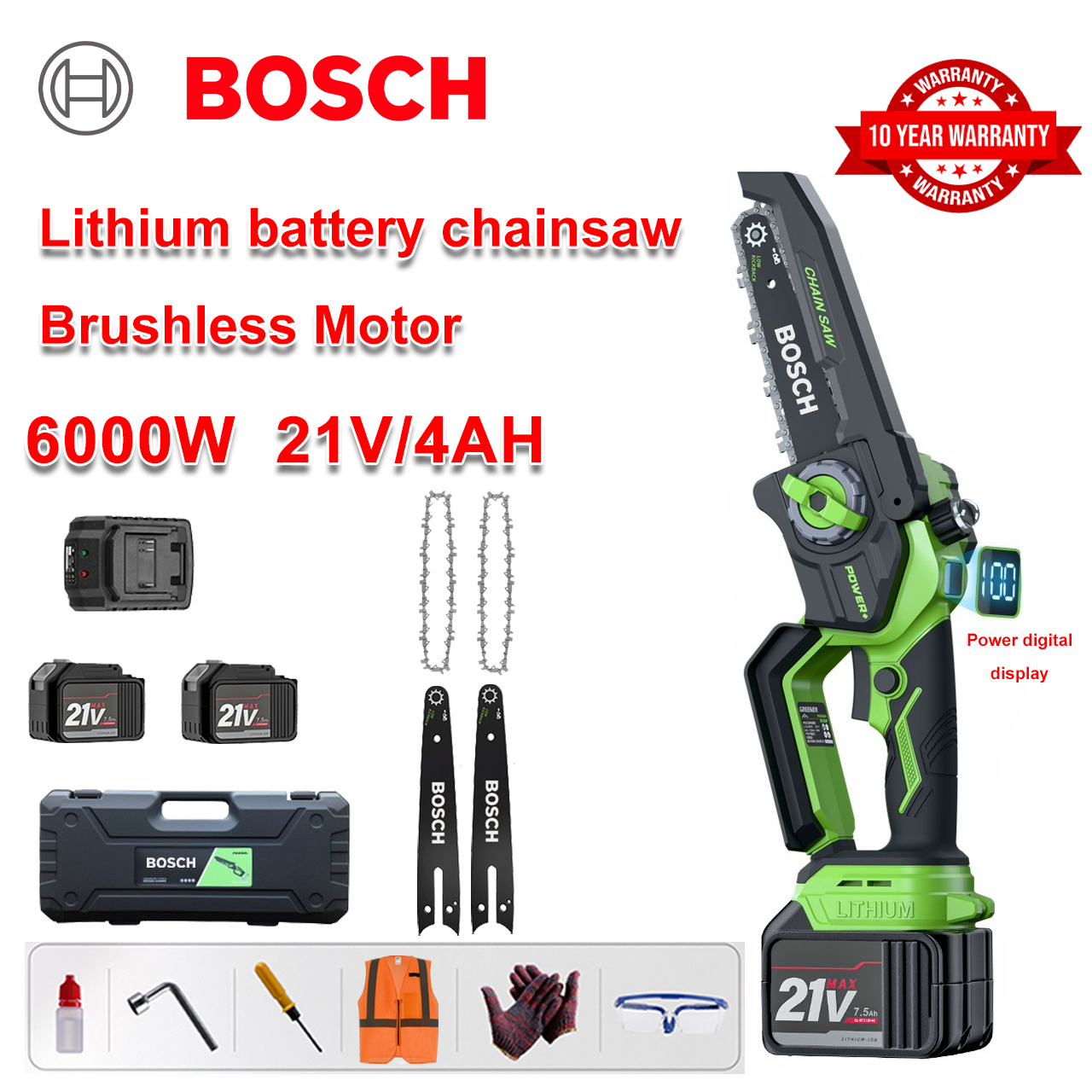[Model de 8 inci] Ferăstrău electric cu litiu de 6000 W, 2 baterii de 21 V, încărcător, 2 șine de ghidare, 2 lanțuri, cutie de scule, lubrifiant, ochelari de protecție