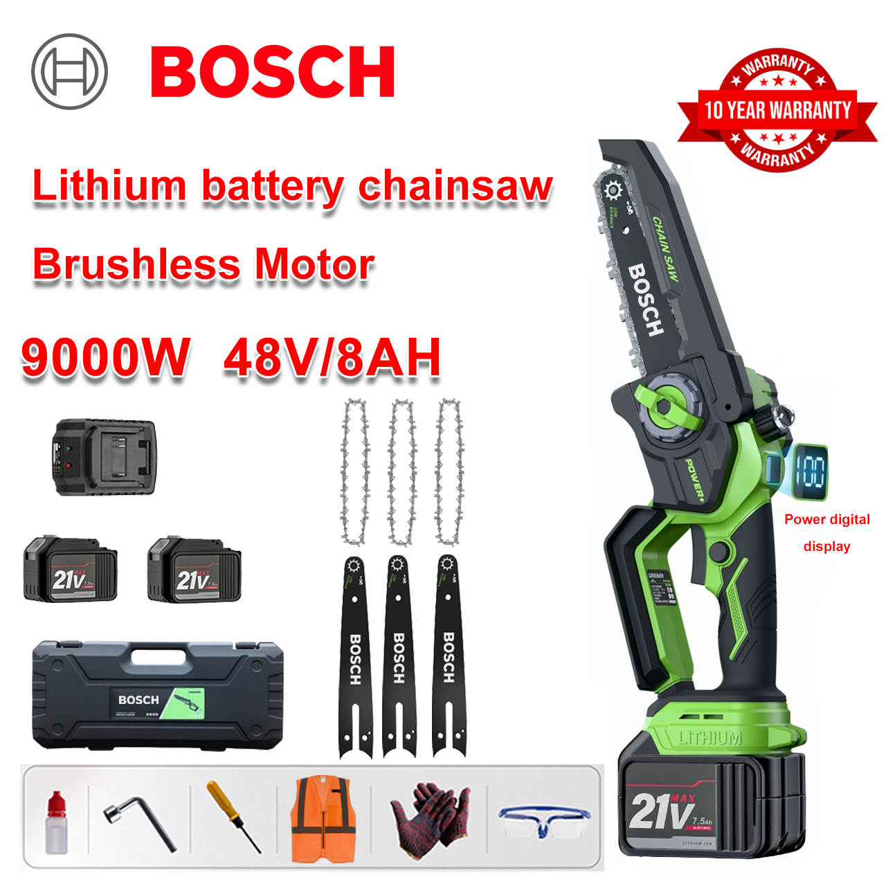 [Model de 8 inci] Ferăstrău electric cu litiu de 9000 W, 2 baterii de 48 V, încărcător, 3 bare de ghidare, 3 lanțuri, cutie de scule, lubrifiant, ochelari de protecție