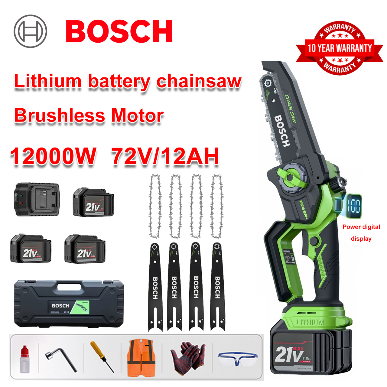 [Model de 10 inci] Ferăstrău electric cu litiu de 12000 W, 3 baterii de 72 V, încărcător, 4 bare de ghidare, 4 lanțuri, cutie de scule, lubrifiant, ochelari de protecție