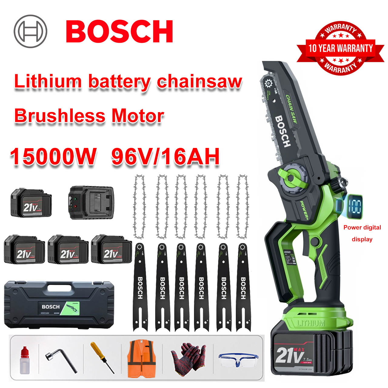 [Model de 10 inci] Ferăstrău electric cu litiu de 15000 W, baterie de 96 V * 4, încărcător, șină de ghidare * 6, lanț * 6, cutie de scule, lubrifiant, ochelari de protecție
