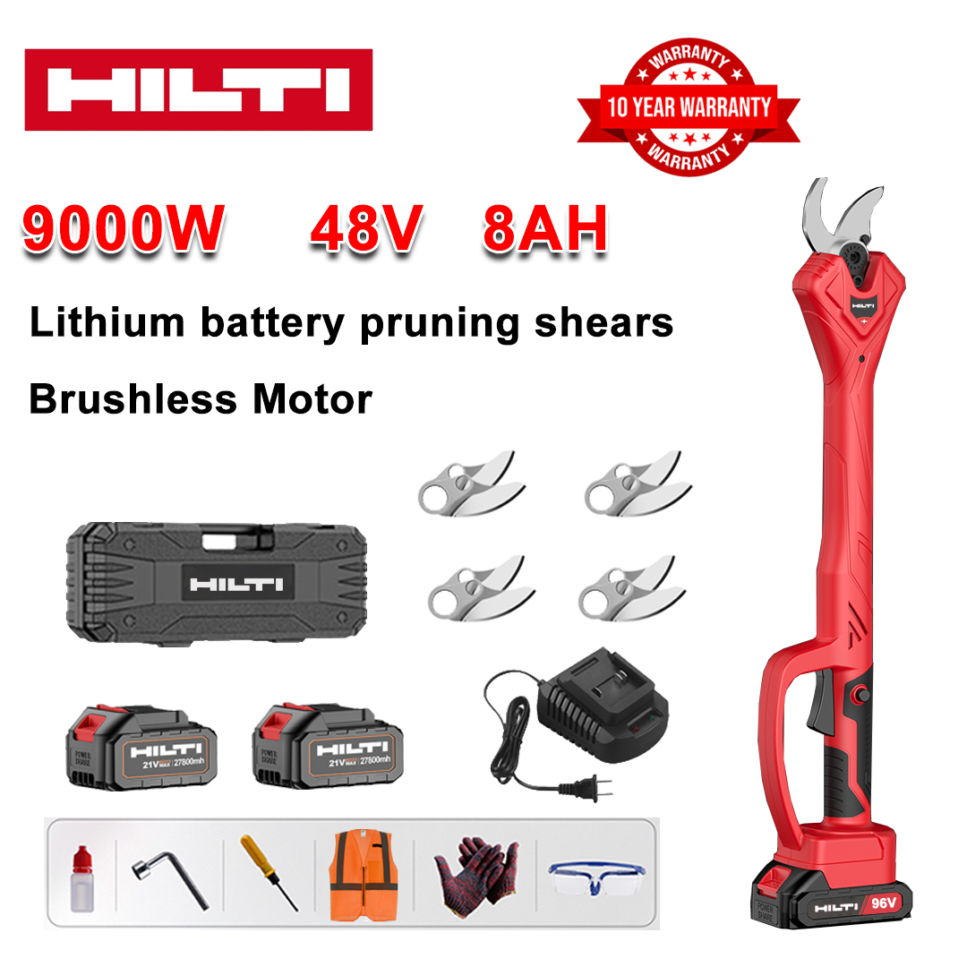 Foarfece de grădinărit cu baterie litiu fără perii de 9000W + 2 baterii de 48V8Ah + 4 lame din aliaj SK9 + încărcător + afișaj LED + cutie de scule + ulei de lubrifiere + ochelari de protecție + garanție de 10 ani