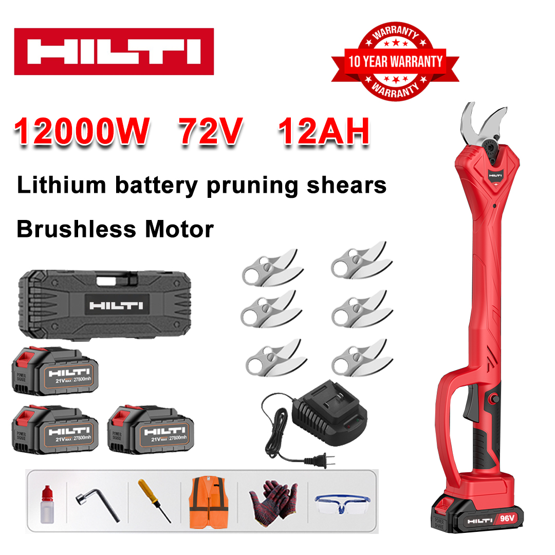 Foarfece de grădinărit cu baterie litiu fără perii de 12000W + baterie 72V12Ah * 3 + lamă din aliaj SK9 * 6 + încărcător + afișaj LED + cutie de scule + ulei de lubrifiere + ochelari de protecție + garanție 10 ani