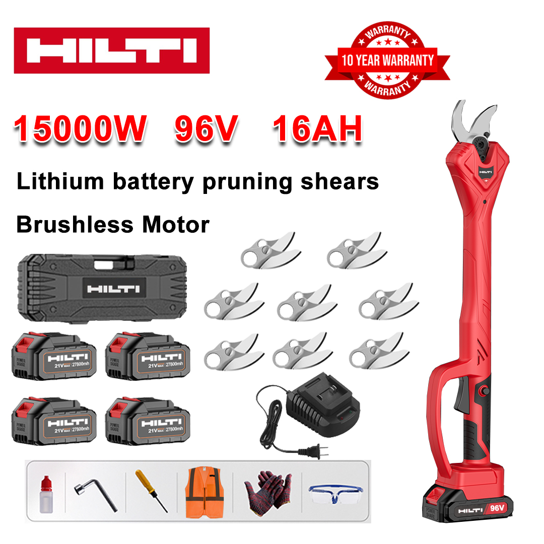 Foarfece de grădinărit cu baterie litiu fără perii de 15000W + 4 baterii de 96V16Ah + 8 lame din aliaj SK9 + încărcător + afișaj LED + cutie de scule + ulei de lubrifiere + ochelari de protecție + garanție de 10 ani