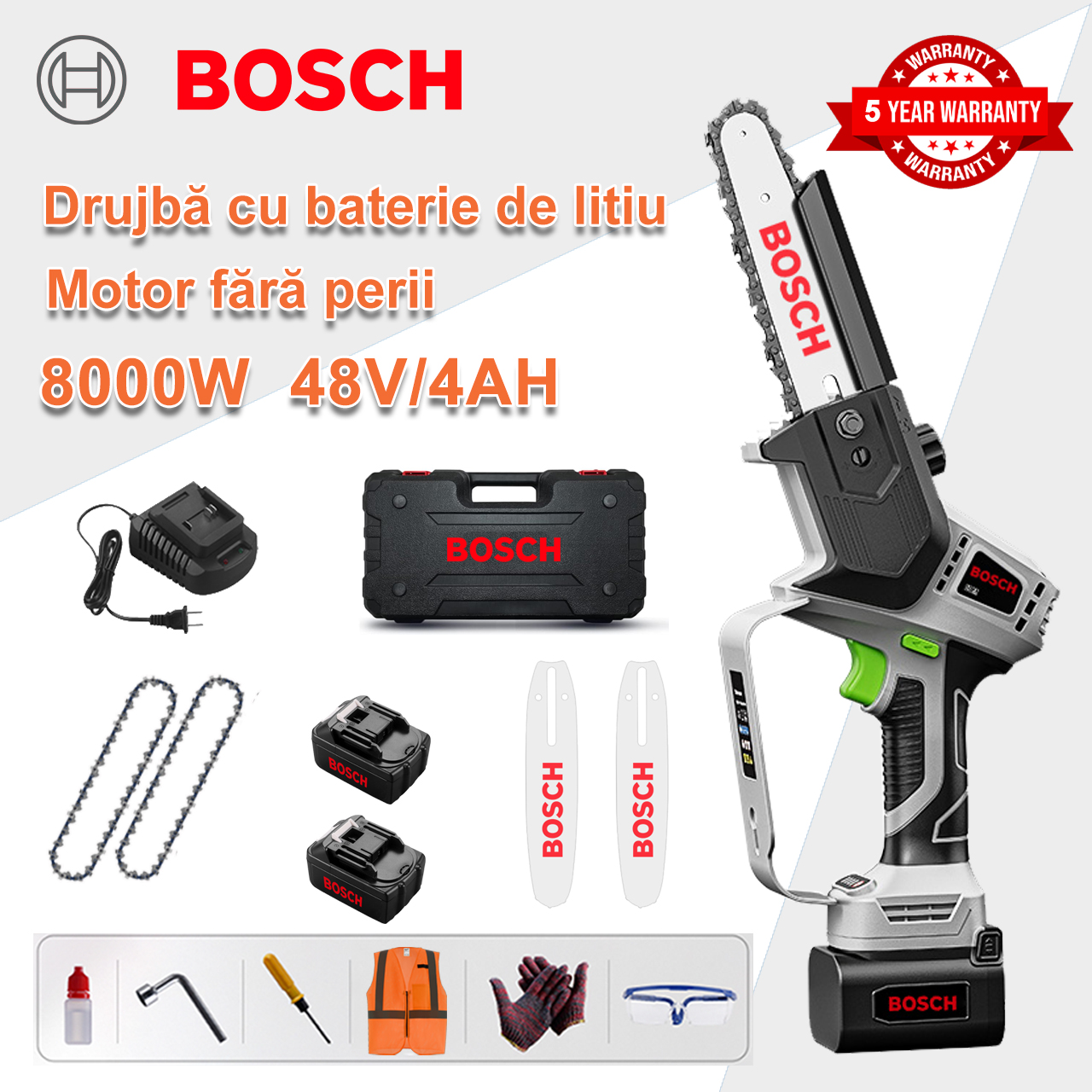 [Model normal/5 ani garanție] Ferăstrău electric cu litiu de 8 inchi 8000 W, baterie 48 V*2, încărcător, placă de ghidare*2, lanț*2, cutie de scule, lubrifiant și ochelari de siguranță