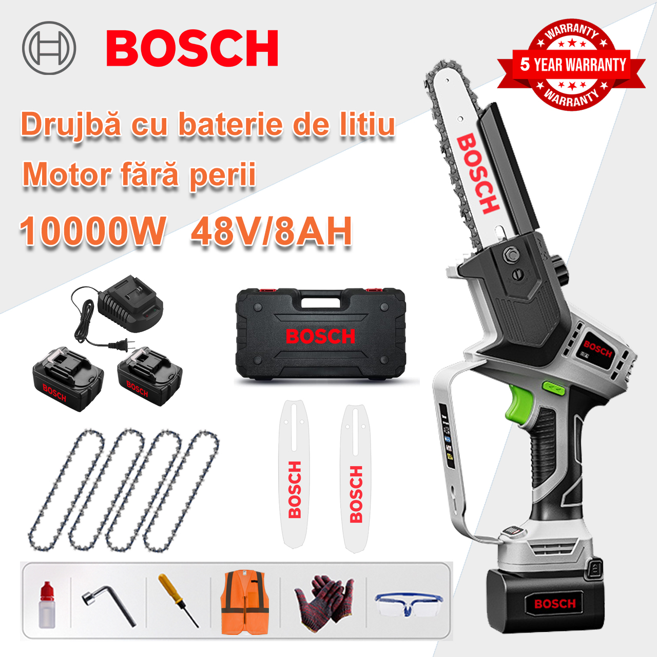 [Model normal/5 ani garanție] Ferăstrău electric cu litiu de 8 inchi 10000 W, baterie 48 V*2, încărcător, placă de ghidare*2, lanț*4, cutie de scule, lubrifiant, ochelari de siguranță