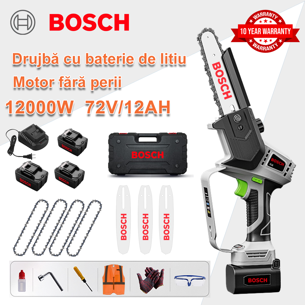 [Versiune extinsă/10 ani garanție] Ferăstrău electric cu litiu de 10 inchi 12000 W, baterie 72 V*3, încărcător, foaie de ghidare*3, lanț*4, cutie de scule, lubrifiant și ochelari de protecție, motor puternic pentru tăierea eficientă a pietrei