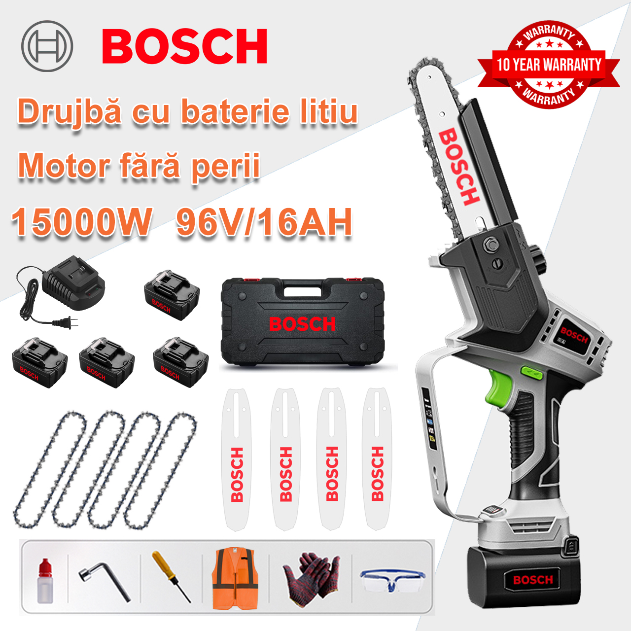 [Model extins/garanție 10 ani] ferăstrău electric cu litiu de 10 inch 15000 W, baterie de 96 V*4, încărcător, placă de ghidare*4, lanț*4, cutie de scule, unsoare și ochelari, motor puternic de tăiat pietre