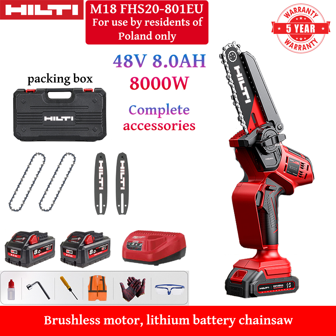 Drujbă litiu-ion fără perii de 8 inch, putere 8000 W, baterii 48V 8.0Ah*2, încărcător, șine de ghidare*2, lanțuri*2, cutie de scule, lubrifiant și ochelari de protecție, garanție de cinci ani